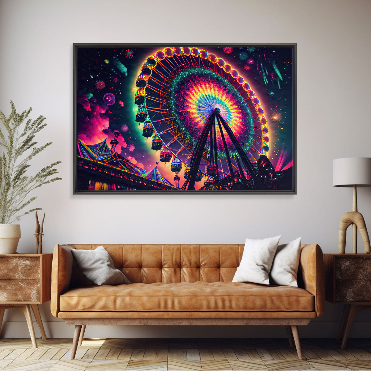 Colorful boardwalk art, neon lit night time ferris wheel, framed canvas print, framed wall art