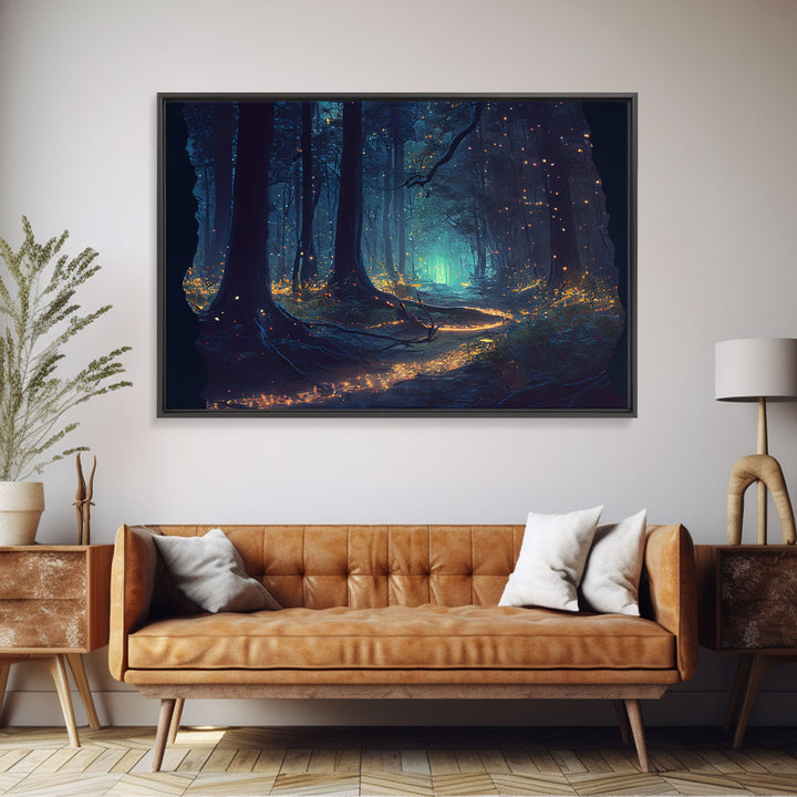 The magical enchanted forest is lit brightly with fireflies at night, framed canvas print, fantasy art