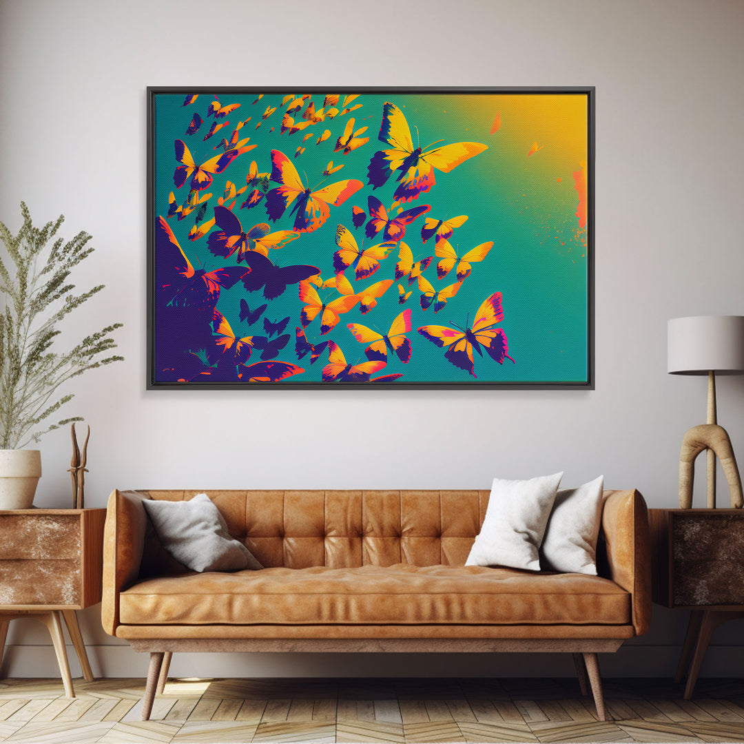 Synthwave Tangerine butterflies, beautiful butterfly art, framed canvas print, framed wall art