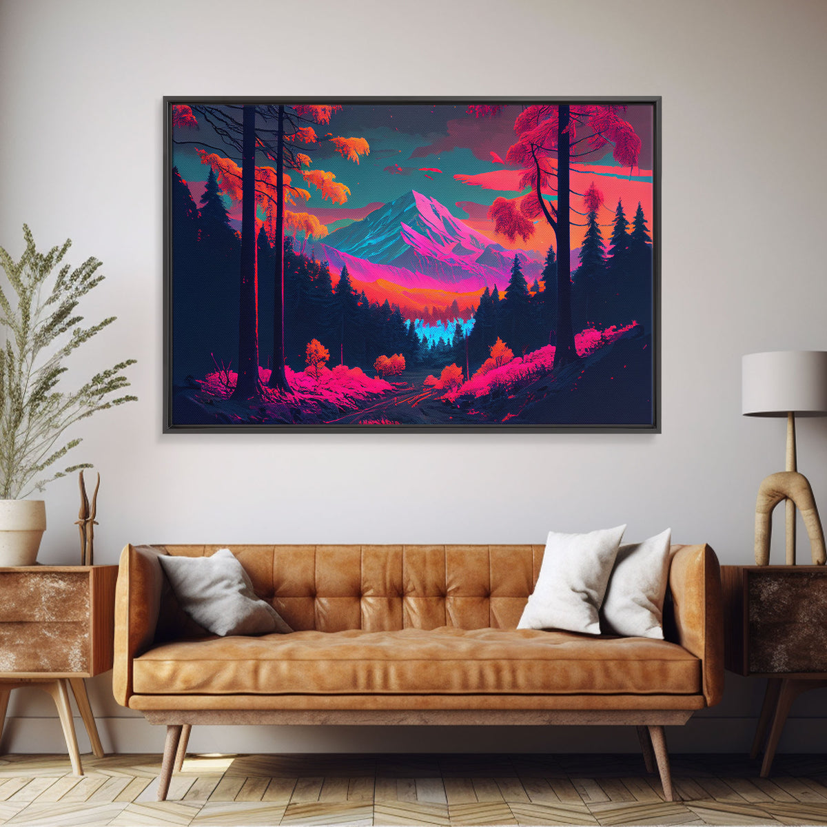 Synthwave style watercolor painting of a mountain and forest, framed canvas print, colorful wall art