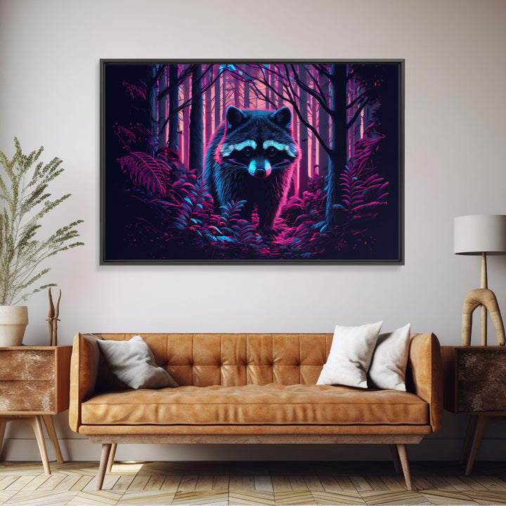 Cute racoon in the forest, vaporwave aesthetic animal art, framed canvas print, colorful animal art