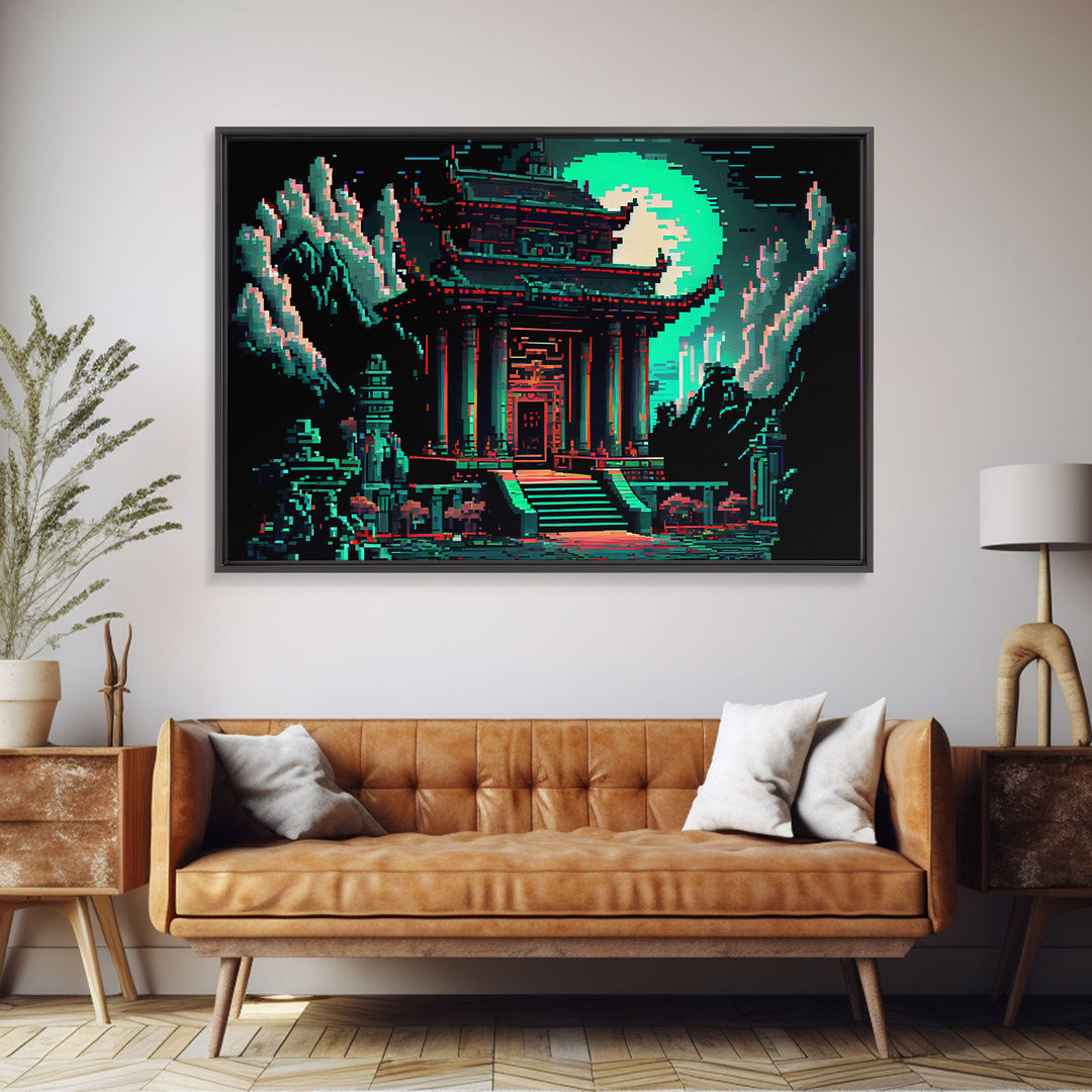 Japanese Pagoda pixel art, cyberpunk style pagoda, framed canvas print