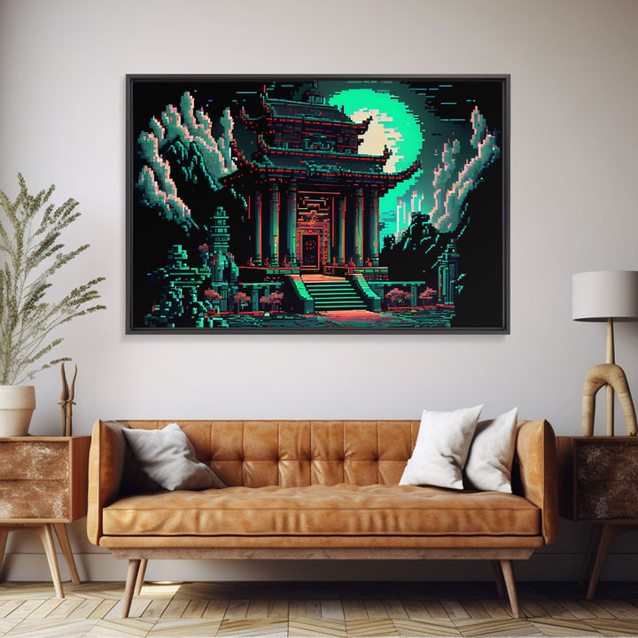 Japanese Pagoda pixel art, cyberpunk style pagoda, framed canvas print