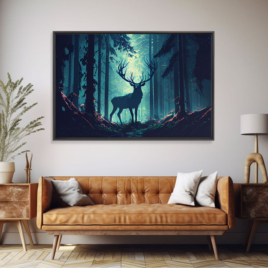 Mythical stag in the forest, fantasy art, framed canvas print, mythical creatures