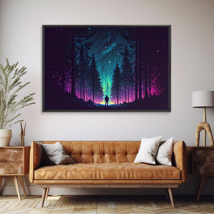 Contemplating the stars, vaporwave aesthetic, forest art, starry night, framed canvas print