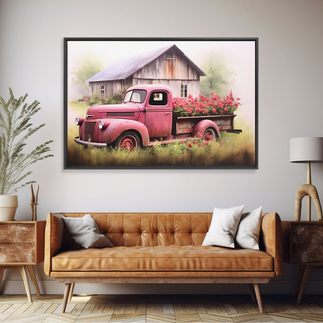 Old Pink Truck Used As a Flower Bed, Framed Canvas Print Or Poster, Rustic Farmhouse Decor, Primitive Art, Country Home Art