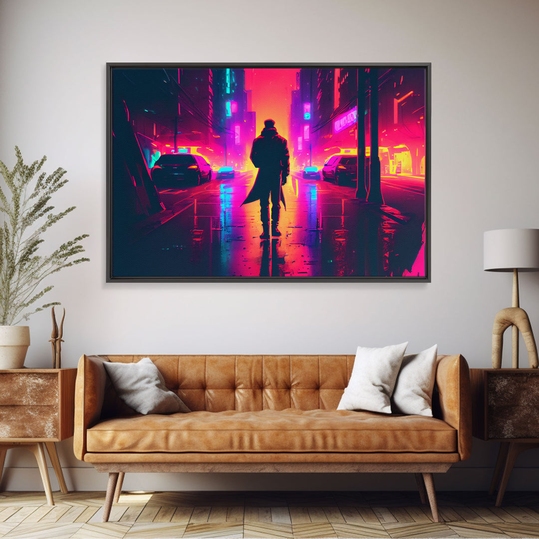 Cyberpunk bounty hunter art, vaporwave synthwave dystopian cityscape, framed canvas print