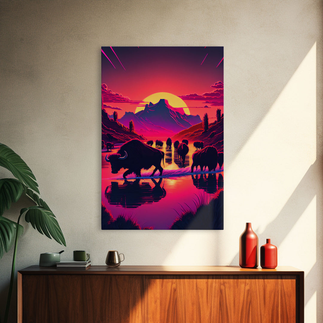 North American Buffalo at Sunset, Western Decor, framed canvas print, bison art, primitive farmhouse decor