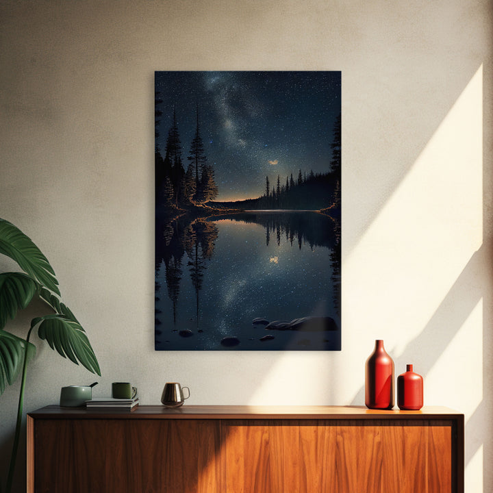 Reflections of a starry night sky over the lake, lakehouse art, beautiful framed canvas print