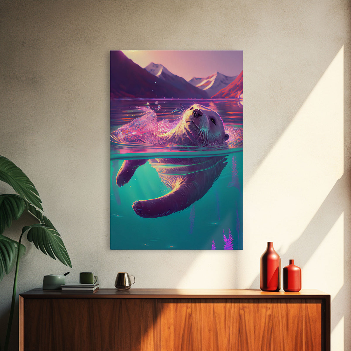 Cute Otter going for a swim, pastel retro style art, framed canvas print, Otter out for a swim in a mountain lake