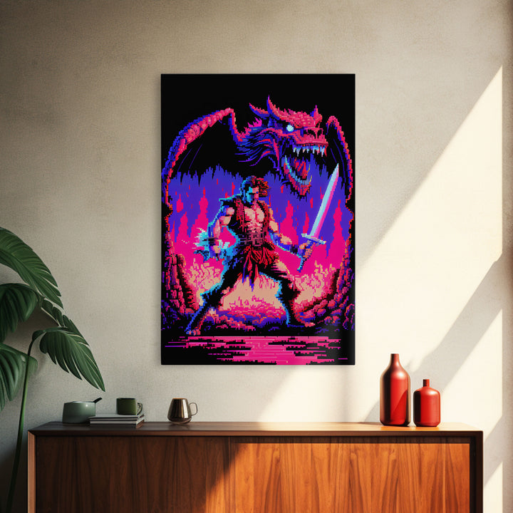 Tabletop RPG art, vaporwave neon aesthetic, Barbarian art, framed canvas print