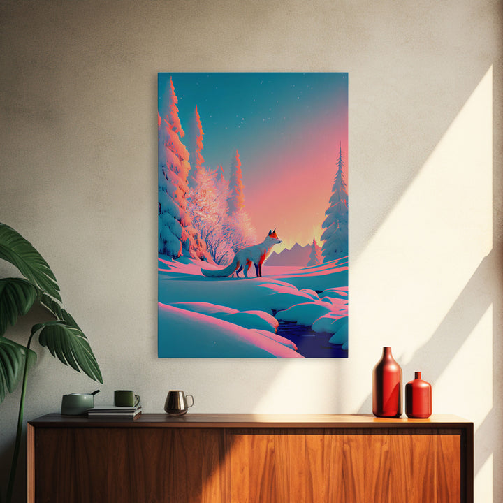Cute arctic fox art in the snow, framed canvas print
