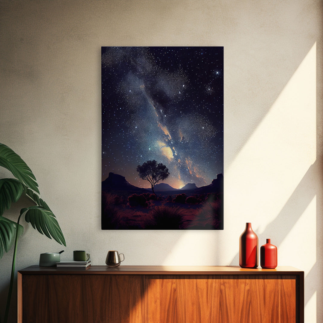 Starry night sky over the plains of Texas,  beautiful farmhouse art, primitive art, framed canvas print