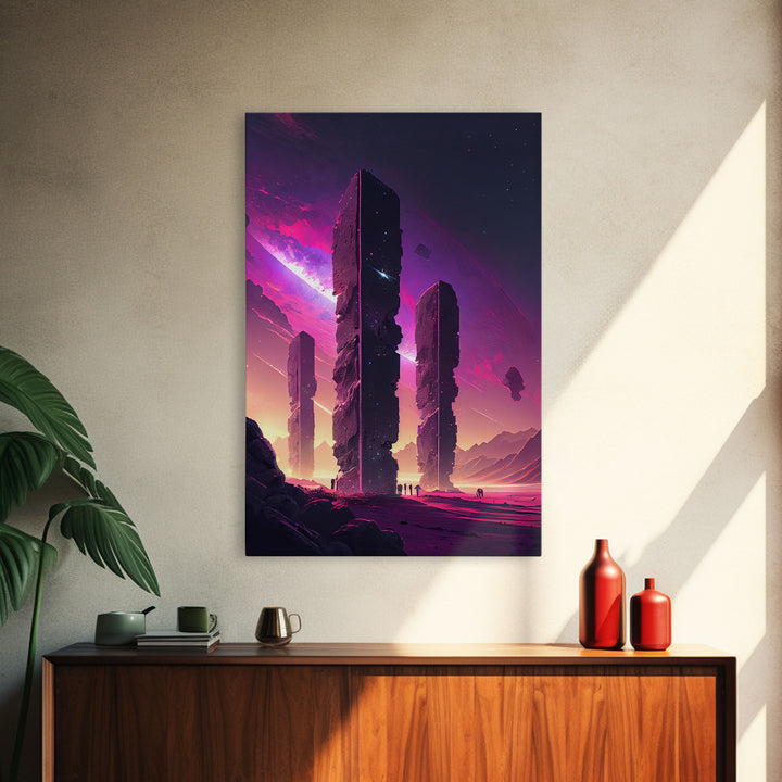 The Monoliths, Scifi art, retro synthwave style alien planet art, framed canvas print
