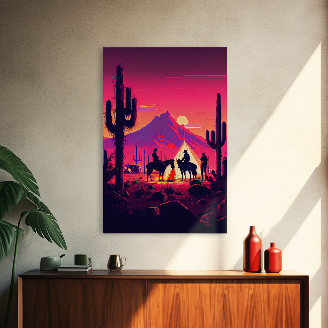 Wild West Outlaw decor, camping in the Arizona desert, Cactus art, framed canvas print