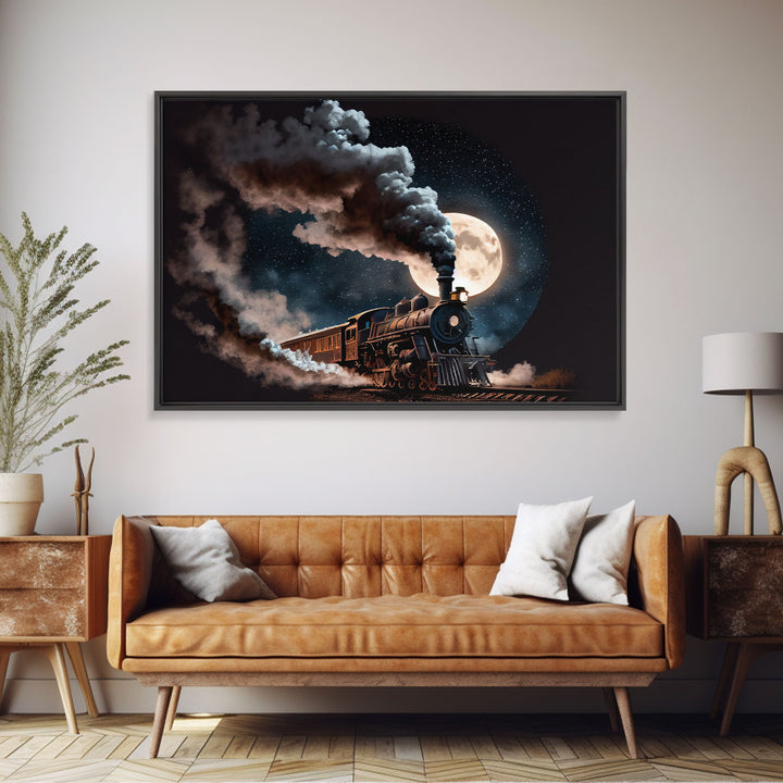 Steampunk Wild West Decor, Steam Train at Midnight, Framed Canvas Print