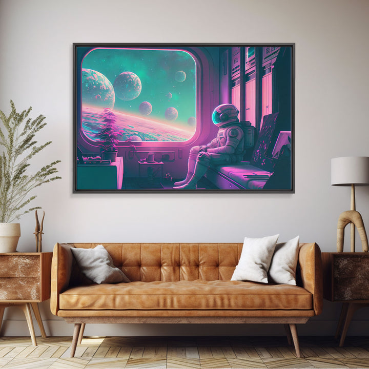 Vaporwave Aesthetic Scifi Art, In Transit, Astronaut riding the space train, framed canvas print