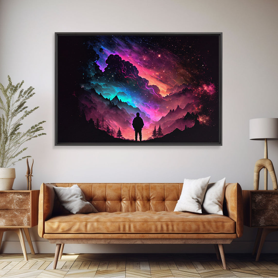 Contemplating the Universe, retro style space art, framed canvas print, synthwave space decor