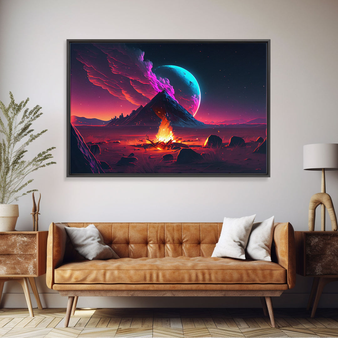 Campfire under a Full Moon, Framed canvas print, retro synthwave / outrun style primitive home decor