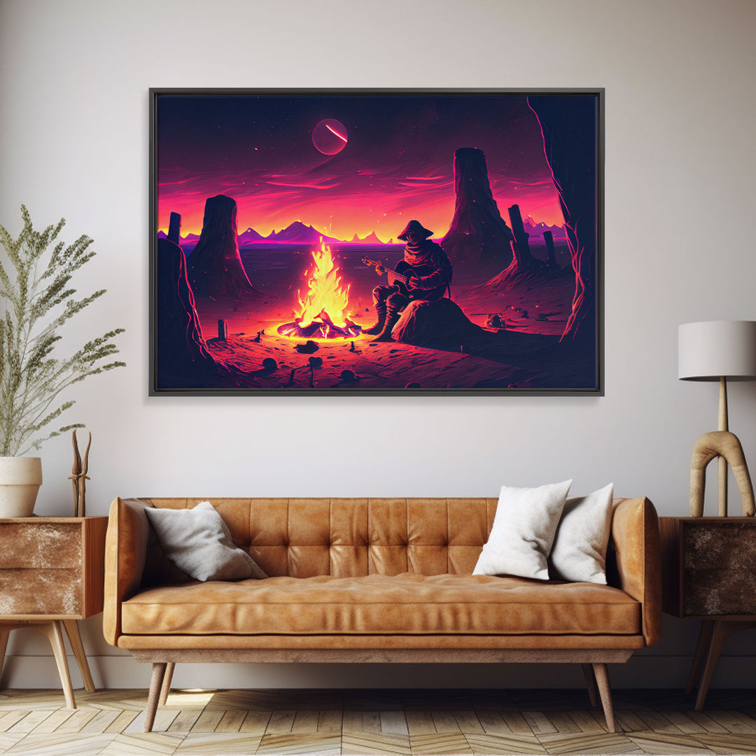 Valley Canyon Man Campfire Guitar Landscape Magenta Fine Art Print, Wall Art Print, Wall Poster, Wall Décor