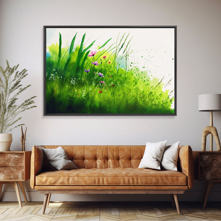Modern Farmhouse Wall Art, Boho decor, Minimalist whimsical wall art, framed canvas print of beautiful wild flowers blowing in the wind