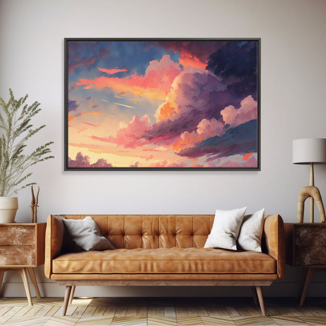 Pink Clouds Sunset Art | Framed Canvas Print | Vintage Style Painting Print | Whimsical Boho Decor | Modern Farmhouse Art