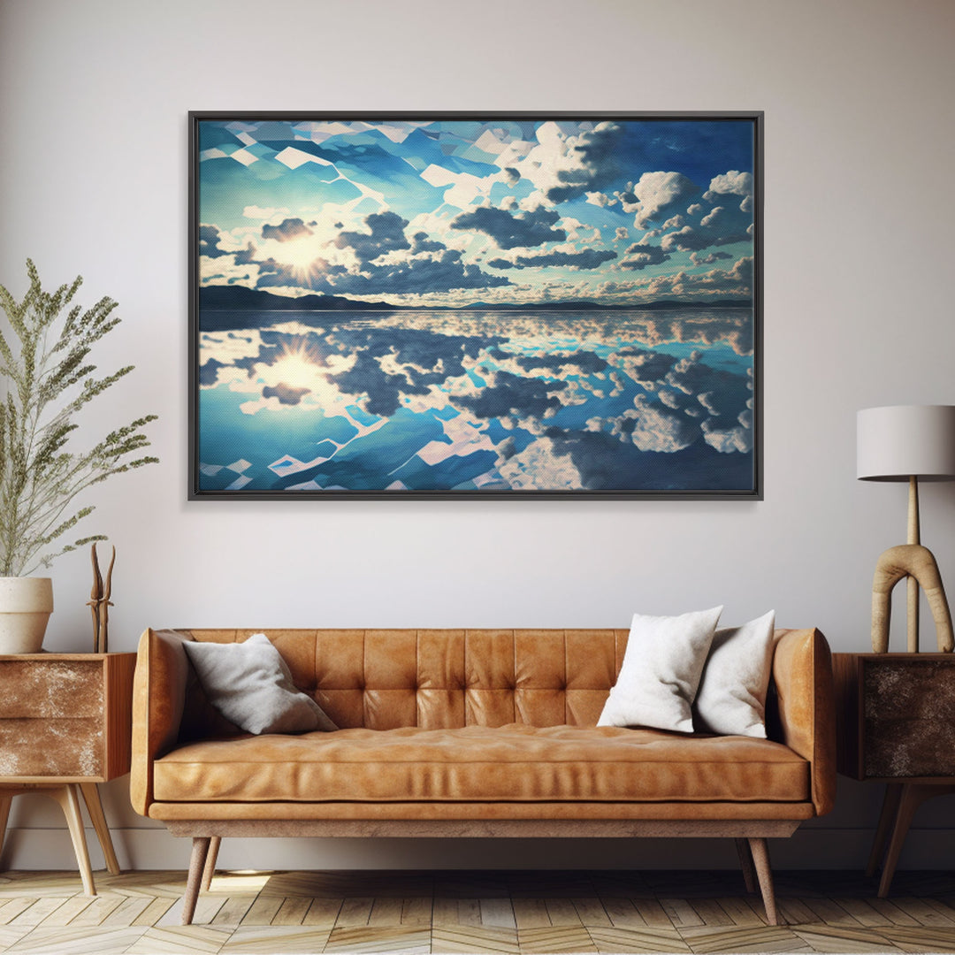 Reflections in Ice, Framed canvas print, unique farmhouse wall art, blue and white tones