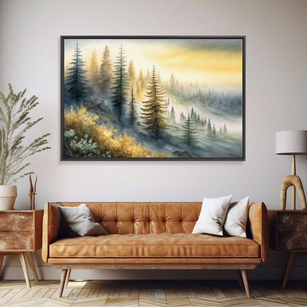 Watercolor of a foggy pine tree forest, framed canvas print, unique wall art, contemporary art