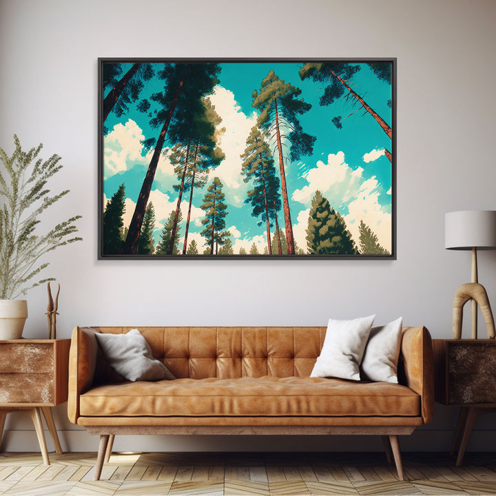 Pine Tree Forest and Blue Skies, Framed Canvas Print, Beautiful Wall Art, Living Room Wall Decor, Pine Cone Tree