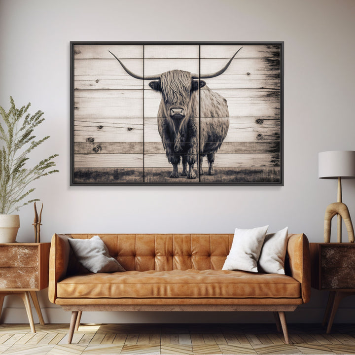 Rustic Cattle Art, Framed Canvas Print, Framed Wall Art, Primitive Rustic Minimalist Farmhouse Decor, Highland Cattle Distressed Art