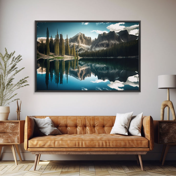 Reflections on a winter lake, watercolor landscape art, framed canvas print, pine tree winter forest