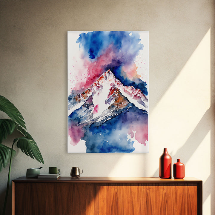 Red, White and Blue Mountain Landscape Watercolor, Framed Canvas Print, Colorful Unique Wall Art