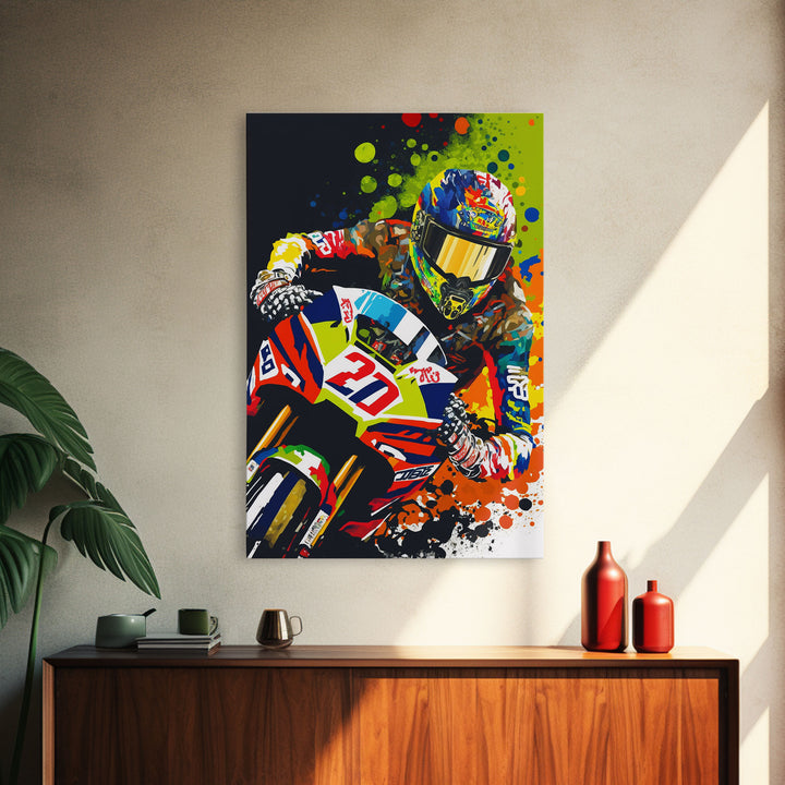 Pop Art Moto Racer, Motorcycle Art, WPAP Style, Framed Canvas Print, Graffiti style motorcycle art, dirt bike racer art