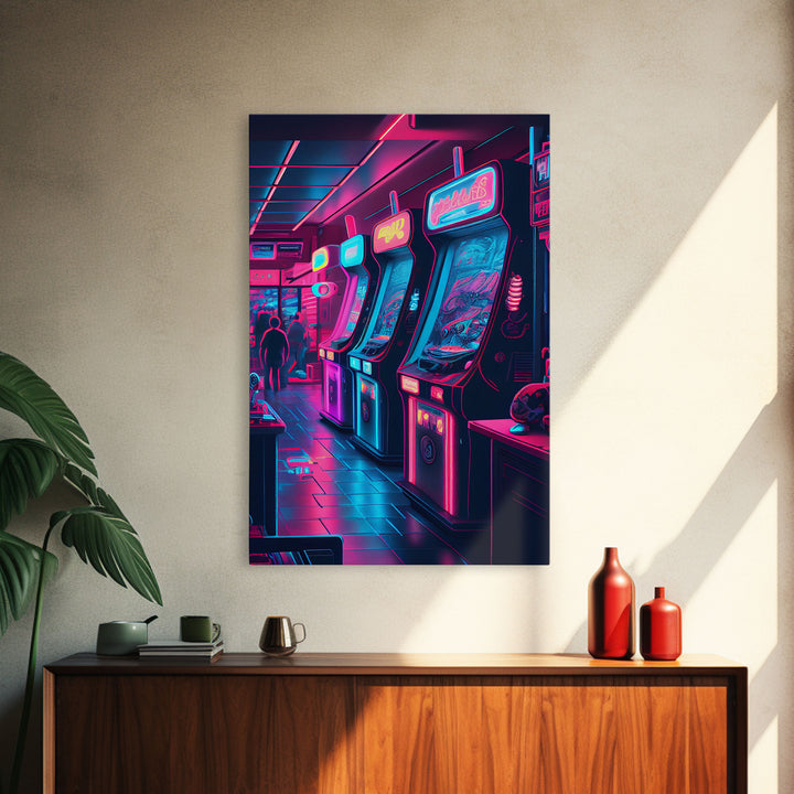 Game Room Decor, Framed Canvas Print, Synthwave Arcade, Boys Room, Gamer Gift, Gaming Wall Art, Video Game Posters, Teen Room