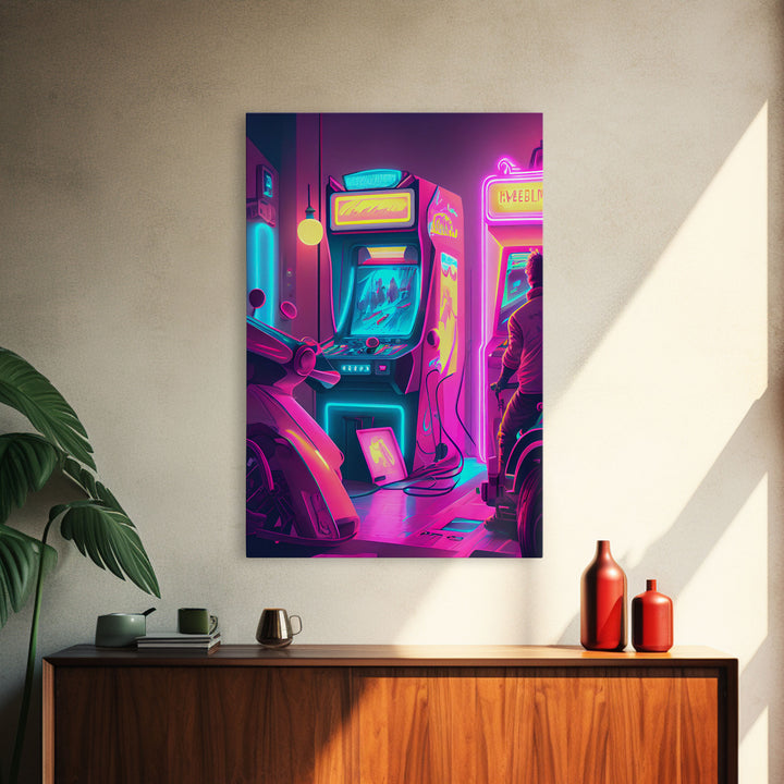 Game Room Decor, Framed Canvas Print, Synthwave Arcade, Boys Room, Gamer Gift, Gaming Wall Art, Video Game Posters, Teen Room