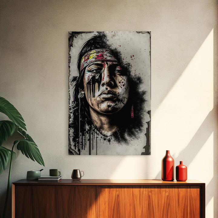 Brutal Graffiti Art, Native American Warriors Portrait, Framed Canvas Print