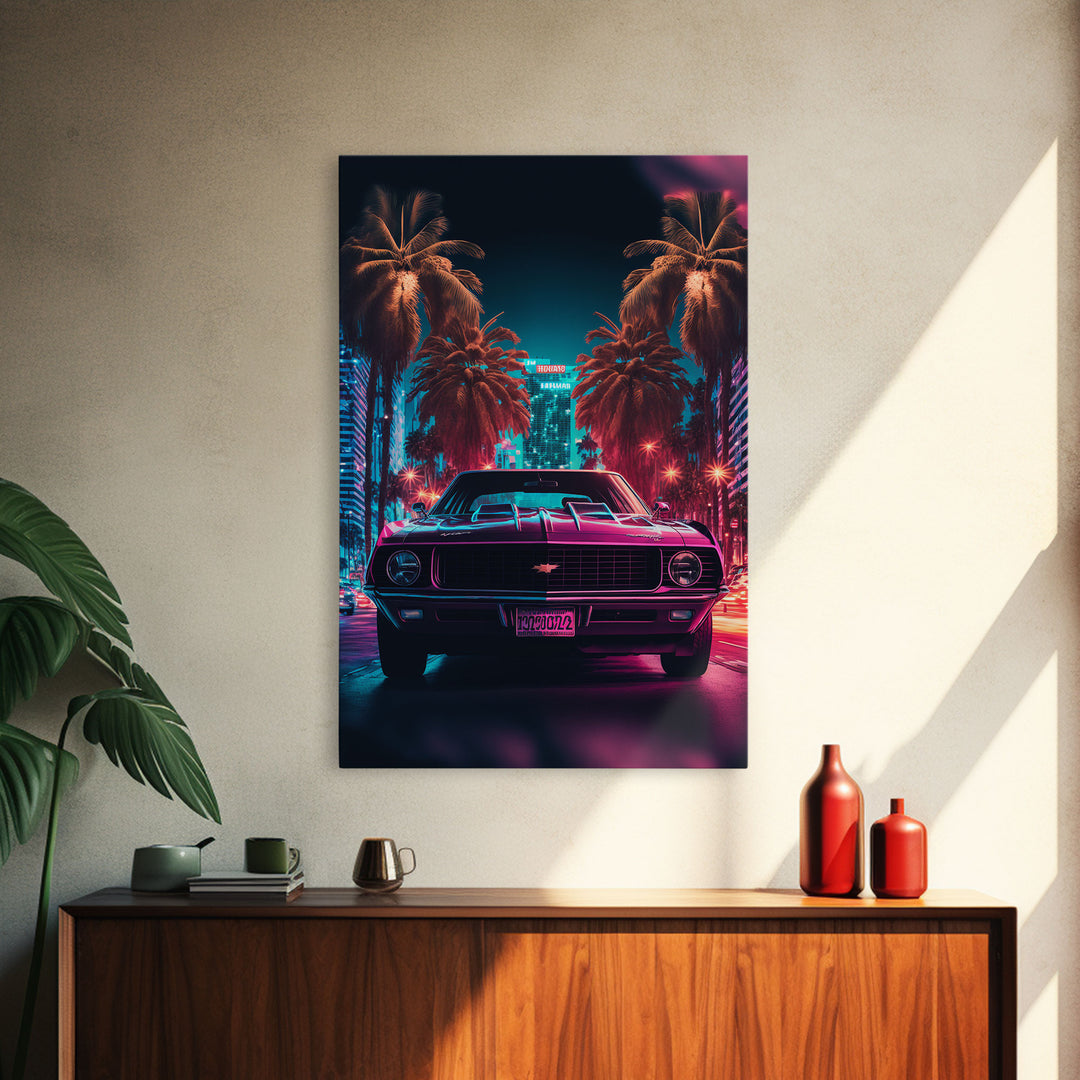 American Muscle Car on Sunset Strip, Retro Synthwave Art, Framed Canvas Print, Gift For Him, Muscle Car Art