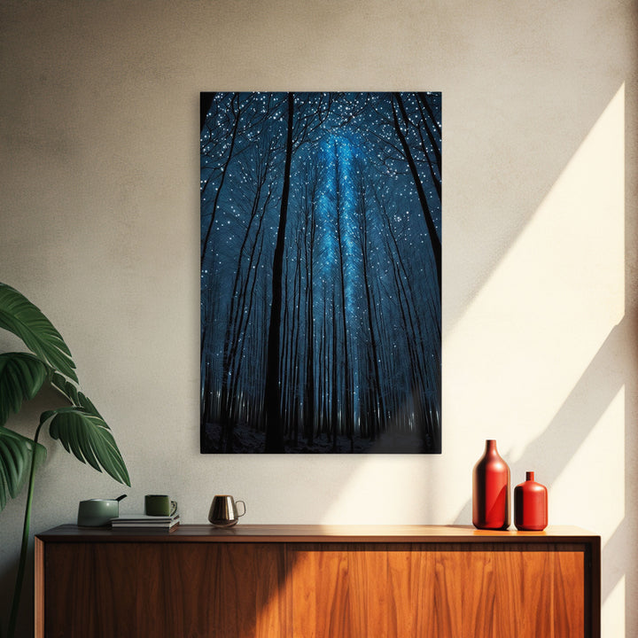 Birch Tree Forest At Night, Starry Night Sky, Framed Canvas Print, Boho Minimalist Farmhouse Decor, Primitive Art