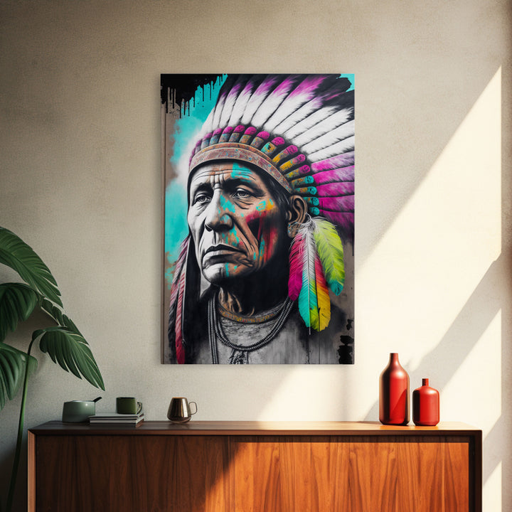 The Warrior, Native American Chief, Graffiti Art Portrait, Framed Canvas Print, Rainbow Feather Mohawk, Pop Art Portrait