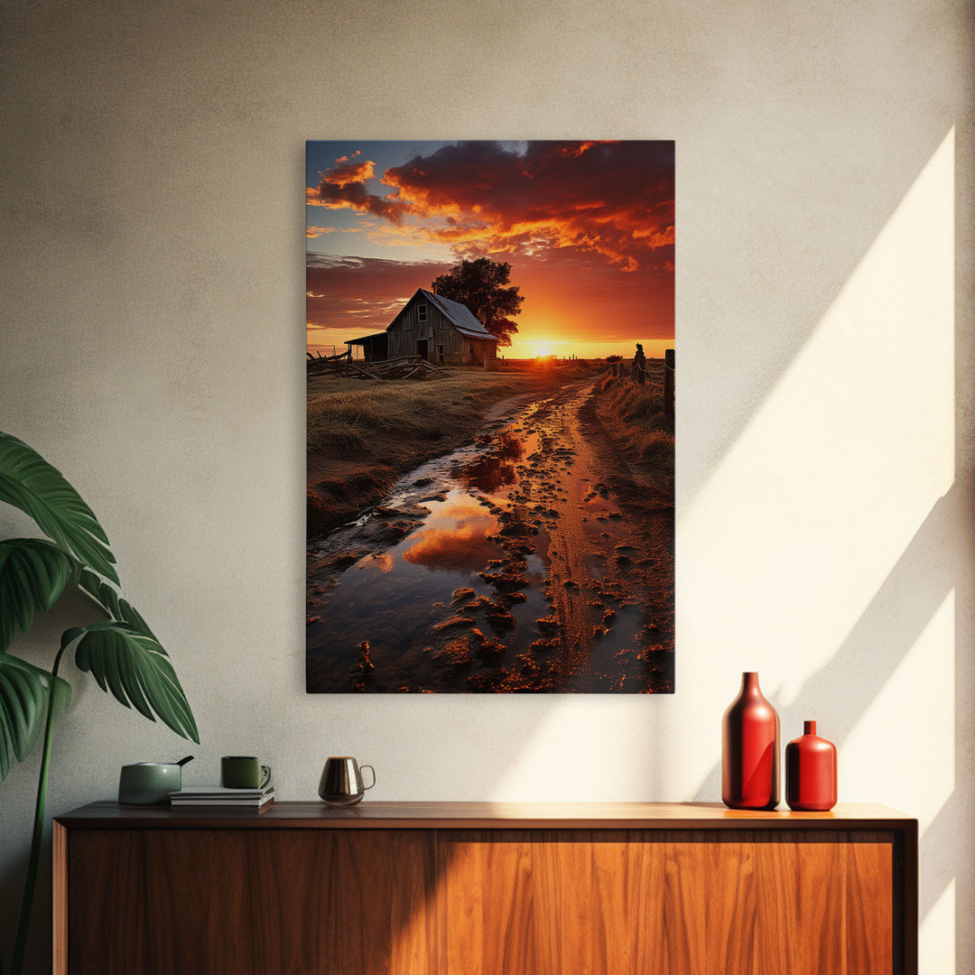 Storm Rolling In Over Country Roads at Sunset, Cottagecore Art, Framed Canvas, Poster Print, Wall Art, Primitive Wall Art, Redneck Art