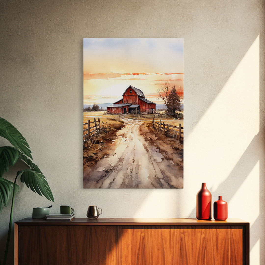 Sunset Over A Red Barn, Watercolor Painting Canvas Print, Country Poster Art,  Framed Canvas, Country Roads, Rustic Farmhouse Decor