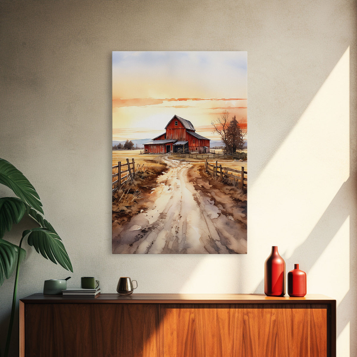 Sunset Over A Red Barn, Watercolor Painting Canvas Print, Country Poster Art,  Framed Canvas, Country Roads, Rustic Farmhouse Decor