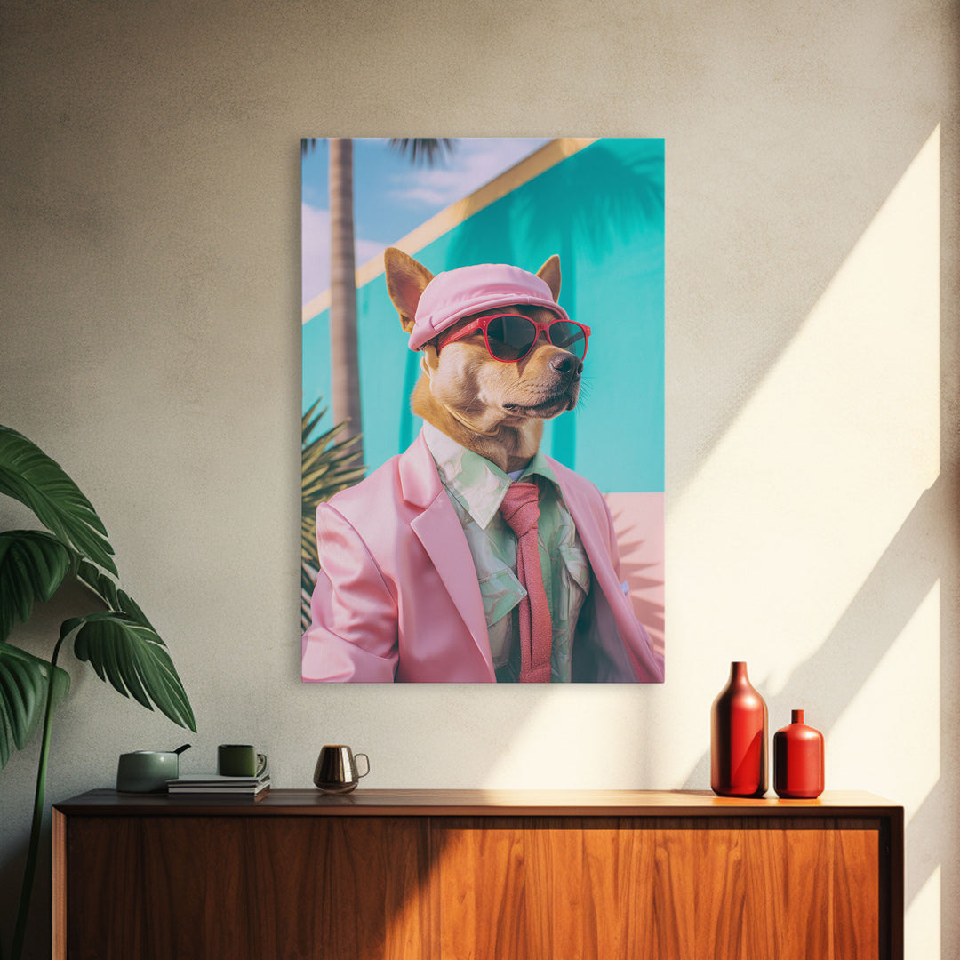 Shiba Inu Wall Print, Dog Wall Art, Dog With Shades, Pink Suit, Funny Wall Art, Framed Wall Art, Framed Canvas, Wall Print, Wall Canvas