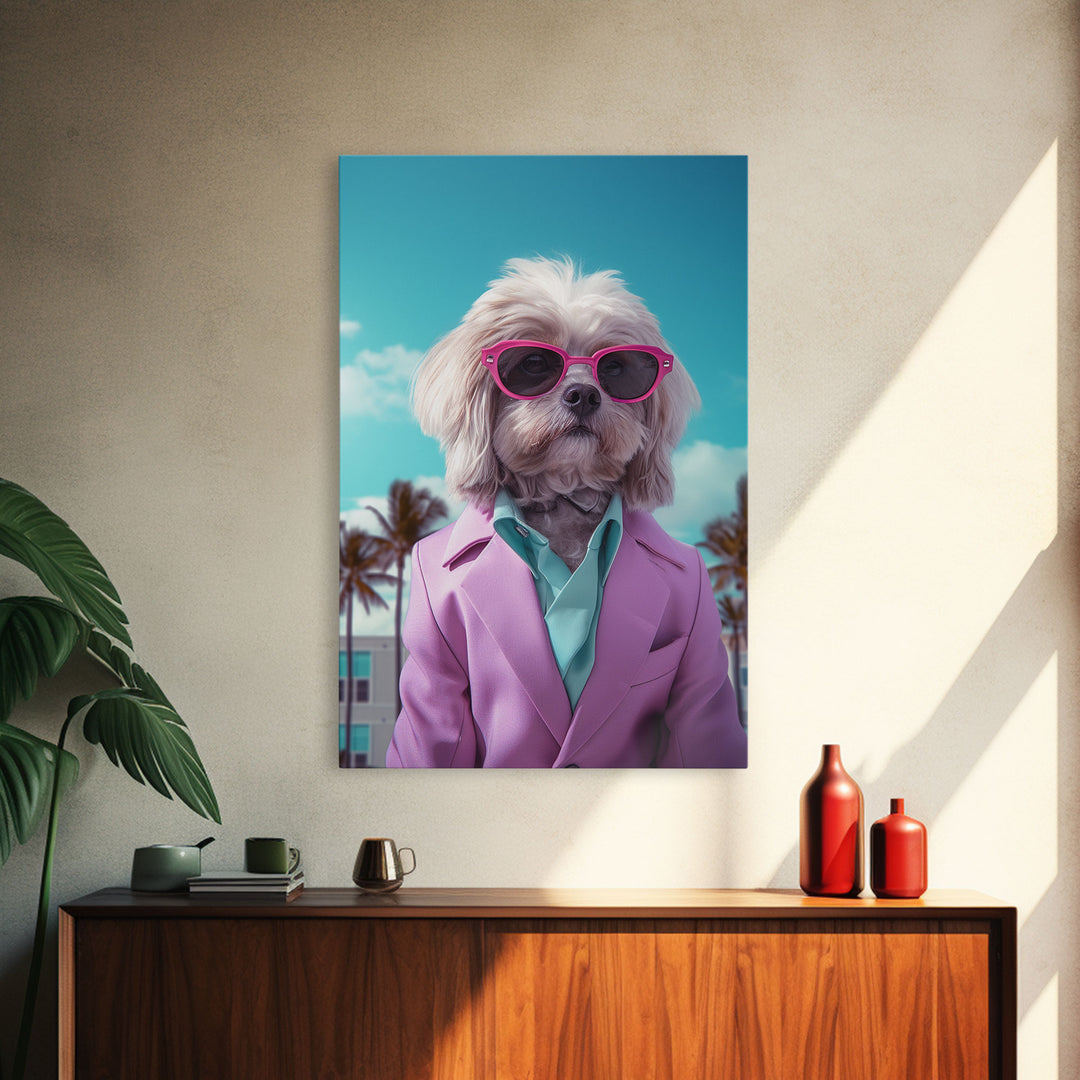 Shih Tzu Wall Print, Dog Wall Art, Dog Sunglasses, Pink Teal Suit, Funny Wall Art, Framed Wall Art, Framed Canvas, Wall Print, Wall Canvas