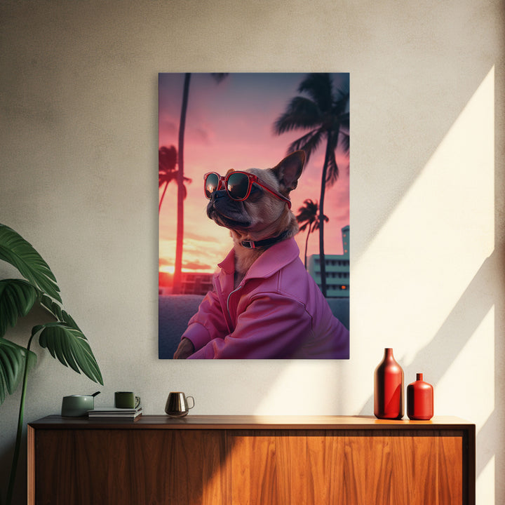 Pug Wall Print, Dog Wall Art, Dog Sunglasses, Dog In Pink Jacket, Funny Art, Framed Wall Art, Framed Canvas, Wall Print, Wall Canvas