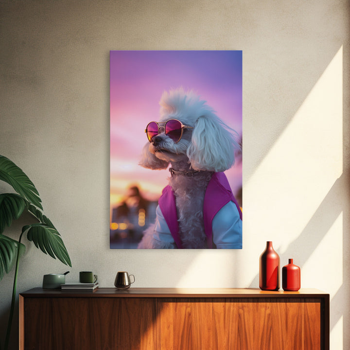 Poodle Wall Print, Dog Wall Art, Dog Sunglasses, Dog In Pink White Suit, Funny Art, Framed Wall Art, Framed Canvas, Wall Print, Wall Canvas
