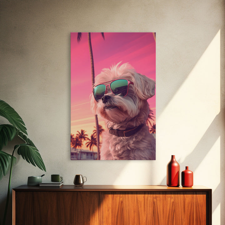 Shih Tzu Wall Print, Dog Wall Art, Dog Sunglasses, Palm Trees, Sunset, Funny Art, Framed Wall Art, Framed Canvas, Wall Print, Wall Canvas