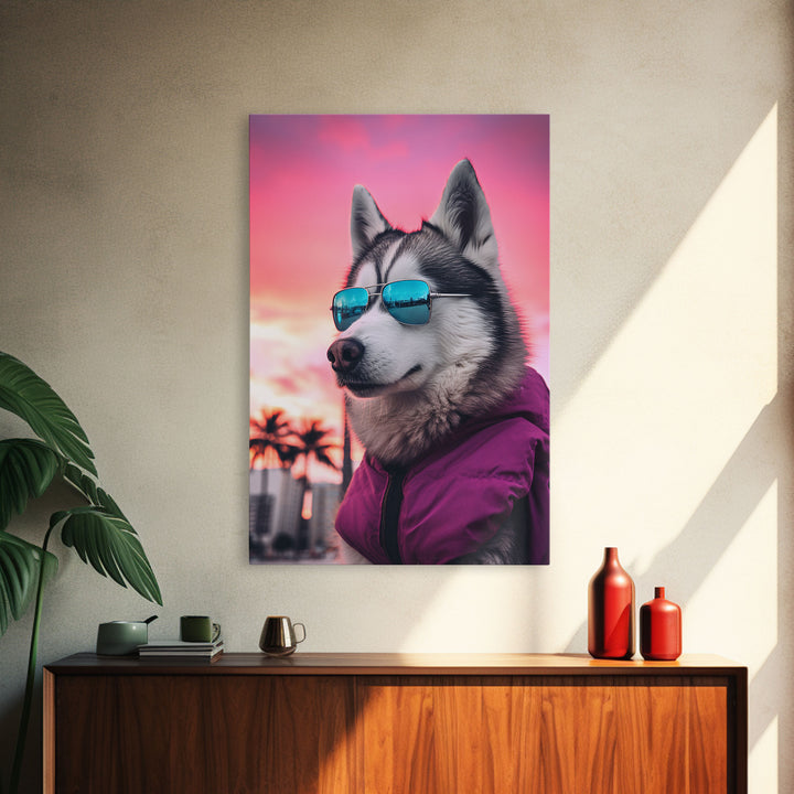 Siberian Husky In Pink Jacket Sunglasses Wall Print, Dog Art Print, Dog Portrait, Framed Wall Art, Framed Canvas, Wall Print, Wall Canvas