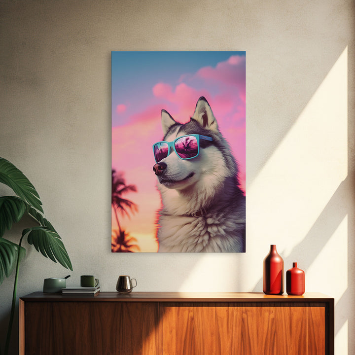 Siberian Husky In Pink Sunglasses Wall Print, Dog Art Print, Dog Portrait, Framed Wall Art, Framed Canvas, Wall Print, Wall Canvas