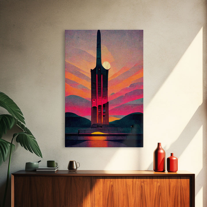 Spooky full moon art deco architecture wall art, Art Deco clock tower canvas print, Art Deco Skyscraper, Ready To Hang